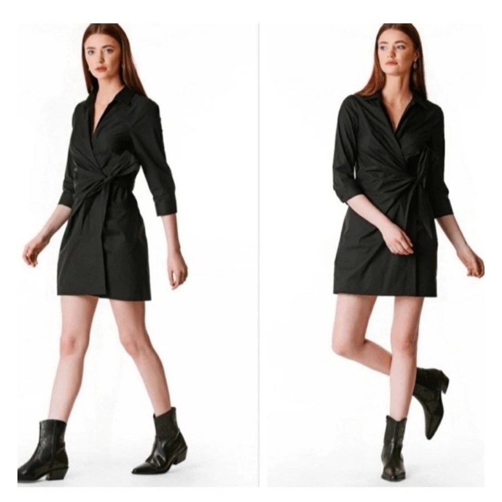 Lafayette 148 Women Black Faux Wrap Shirt Dress  Size 6 Preppy Conservative
